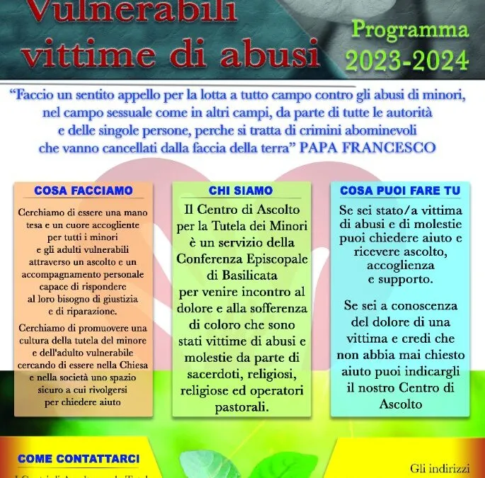 CENTRO DI ASCOLTO –                                           Servizio Regionale per la tutela dei minori e adulti vulnerabili vittime di abusi                                   Venerdì 24 novembre 2023  17.00 – 20.00           Matera Largo Passarelli 7  tel.3288323838