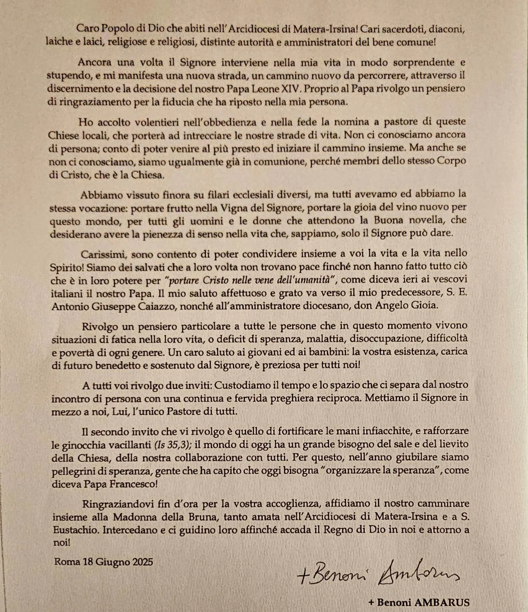 saluto dell'Arcivescovo eletto