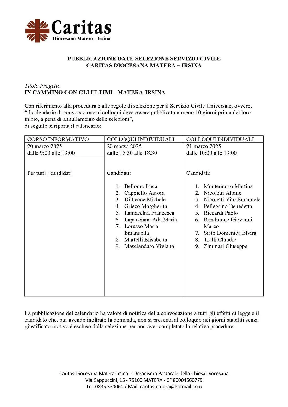 Pubblicazione selezione Servizio Civile-Caritas Diocesana Matera-Irsina