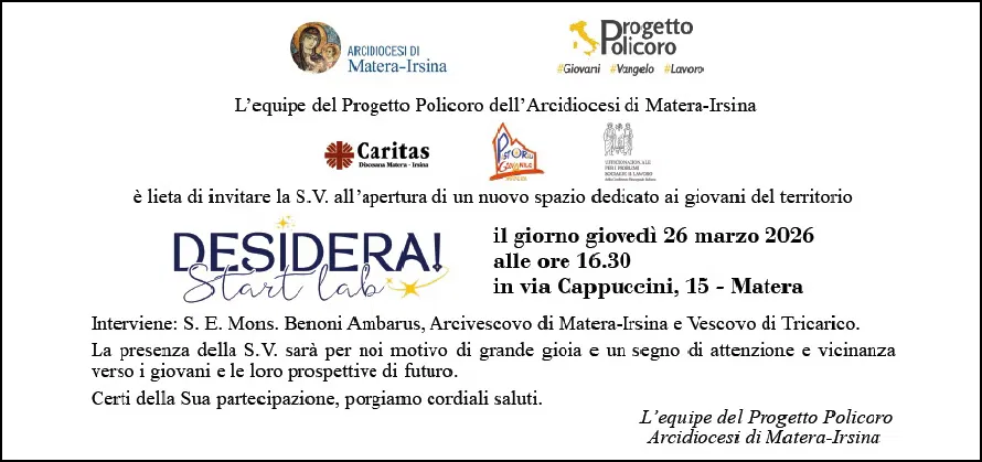 Invito inaugurazione DESIDERA! Start lab Progetto Policoro_